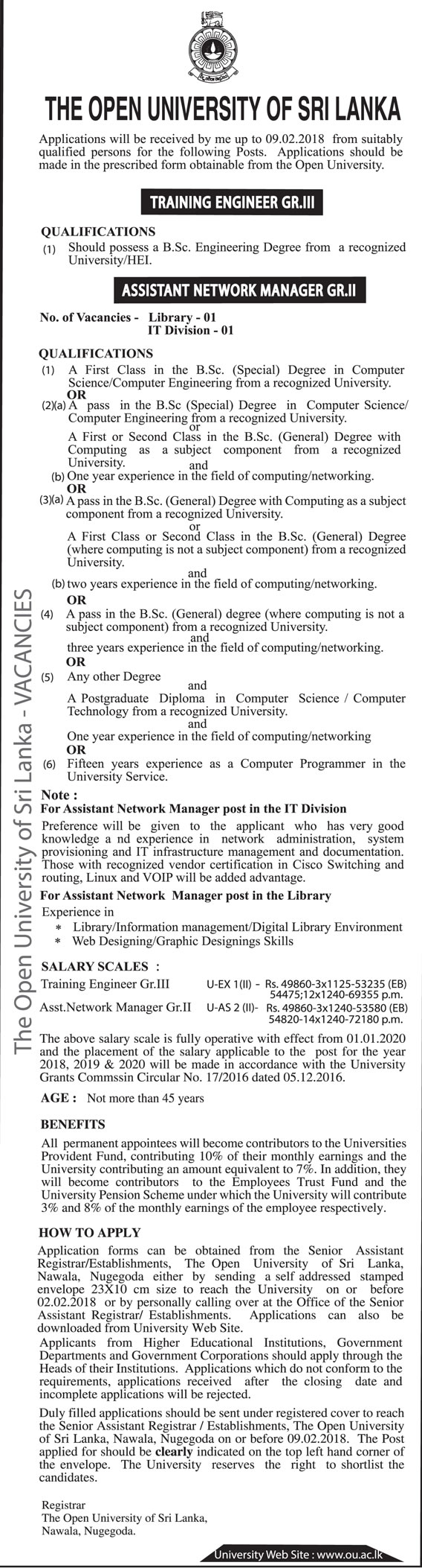 Training Engineer, Assistant Network Manager - Open University of Sri Lanka